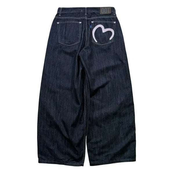 [BUNJANG] OOT None Fade Pink Heart Stitch Wide Denim Pants / 오오티 논페이드 핑크 하트 스티치 와이드 데님 팬츠