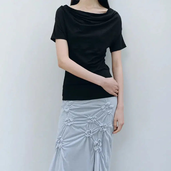 [BUNJANG] CASSEL Black Shirring Neck Short Sleeve Top / 카셀 블랙 셔링 넥 반팔 상의