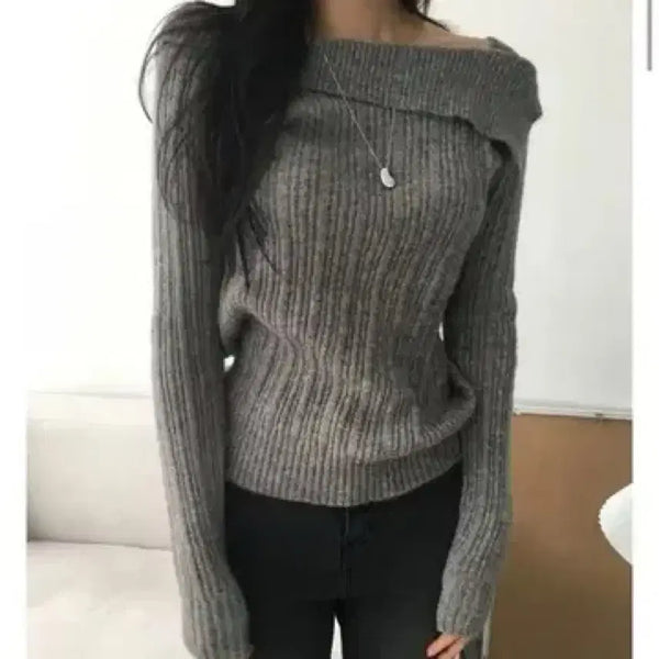 [BUNJANG] Off-Shoulder Ribbed Knit Gray / 오프숄더 골지 니트 그레이