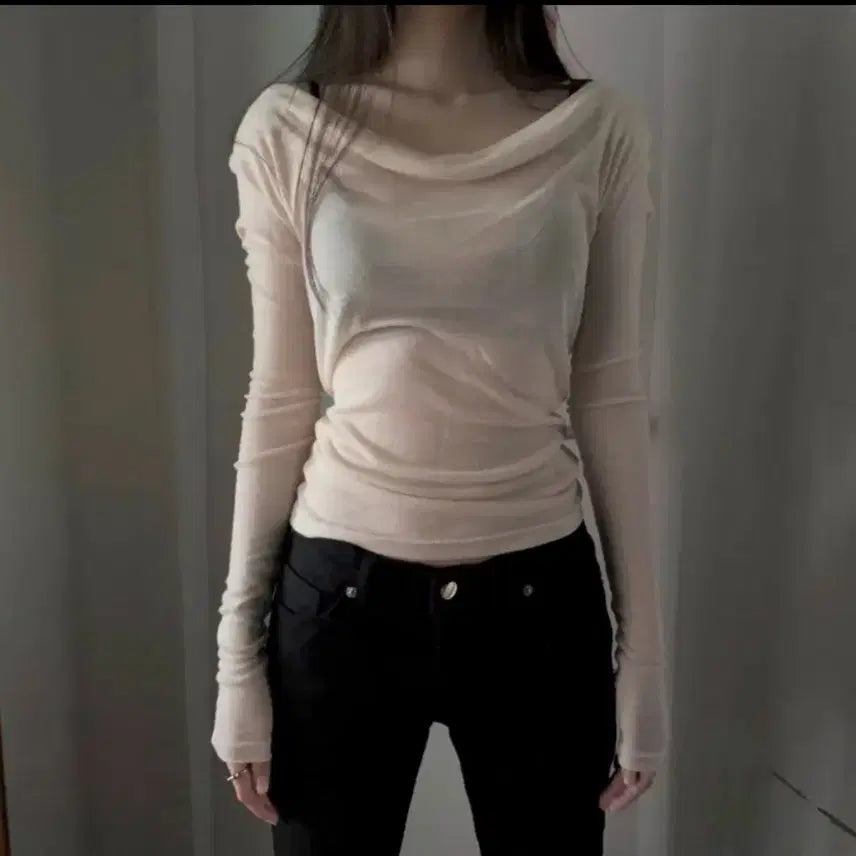 [BUNJANG] Satomi Radio Boatneck Draping Top Long Sleeve T-shirt Pink Beige / 에이블리 사토미라디오 보트셔링 드레이프 탑 긴팔티 핑크베이지 오프숄더