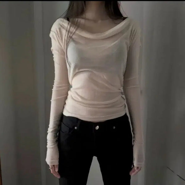 [BUNJANG] Satomi Radio Boatneck Draping Top Long Sleeve T-shirt Pink Beige / 에이블리 사토미라디오 보트셔링 드레이프 탑 긴팔티 핑크베이지 오프숄더