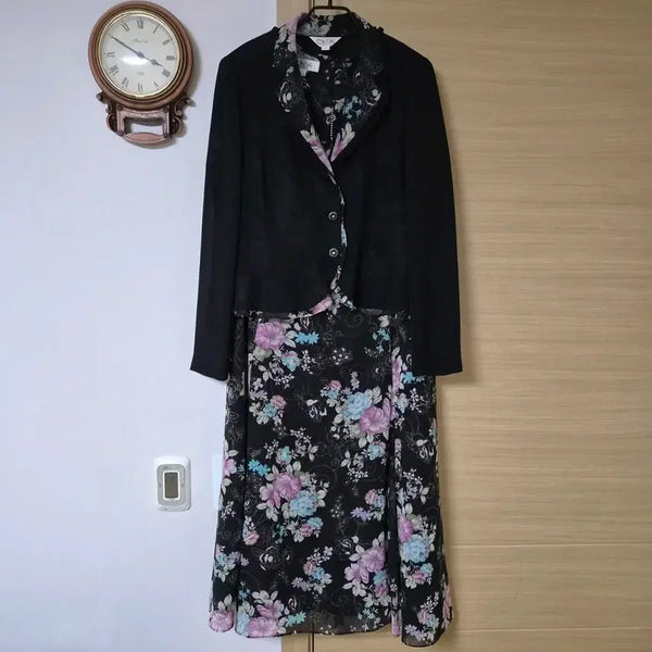 [BUNJANG] CHOIBOKO Designer Floral Color-Block Chiffon Jacket & Dress Set / [자켓+원피스] 최복호 디자이너 플라워 배색 시폰 투피스 세트
