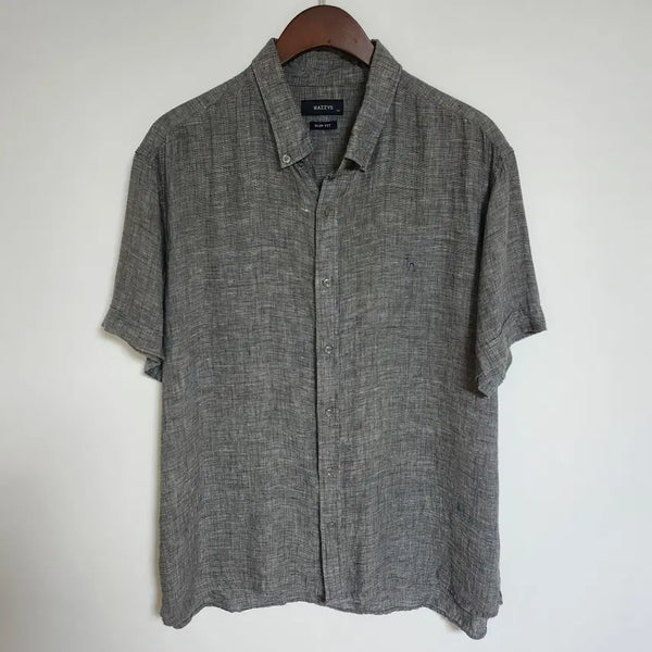 [BUNJANG] Hazzys Linen Blend Short Sleeve Slim Fit Men's Shirt (110) / 헤지스 마 소재 반팔 셔츠 슬림핏 남성 남자 [110]