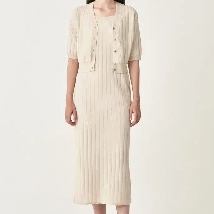 [BUNJANG] The Cashmere Vertical Knit Cardigan Dress Set / 더캐시미어 버티컬 니트 가디건 원피스 셋트