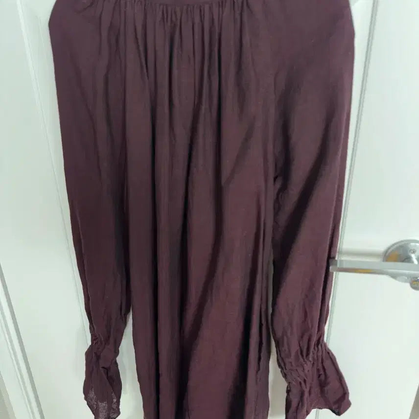[BUNJANG] Linen Purple Frill Sleeve Blouse Tunic / 린넨 퍼플 프릴 소매 블라우스 튜닉