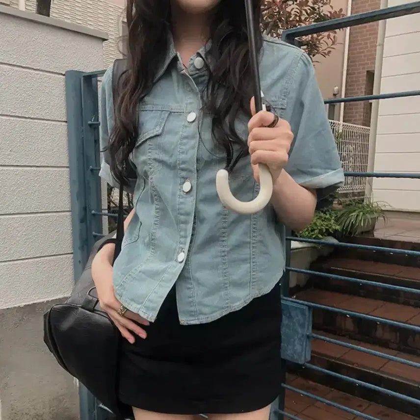 [BUNJANG] Crop Denim Short Sleeve Shirt / 에이블리 크롭 데님 반팔셔츠(새상품)