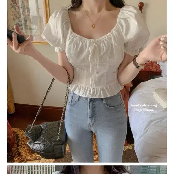 [BUNJANG] Second Second Ribbon Puff Corset Frill Blouse / 세컨드세컨 리본 퍼프 코르셋 프릴 블라우스 크롭