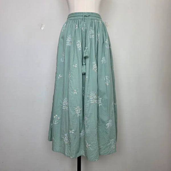 [BUNJANG] Sage Green Flower Embroidery Natural Long Skirt Japanese Vintage / 세이지그린 플라워 자수 내추럴 롱스커트 일본빈티지