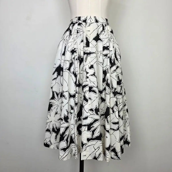 [BUNJANG] Lantana Black Ivory Leaf Pattern Flare Skirt / 재팬 Lantana 블랙 아이보리 리프 패턴 플레어 스커트