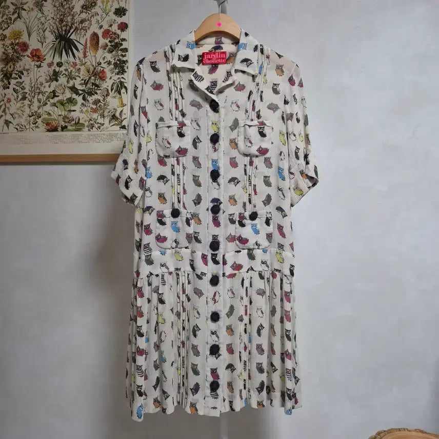 [BUNJANG] Jardin de Chouette Owl Pattern Frill Dress / [66/M] 쟈뎅드슈에뜨 원피스