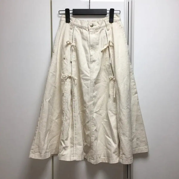 [BUNJANG] Japanese Vintage Mori Girl White Ribbon Long Skirt / 일본 빈티지 롱스커트 치마 화이트 리본 모리걸
