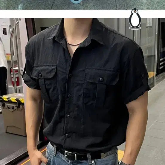 [BUNJANG] Men's Short Sleeve Shirt Black / 남자 반팔 셔츠 블랙