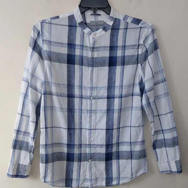[BUNJANG] GGIO2 Linen Check Henley Neck Shirt (White/Navy) / GGIO2지오투 95 헨리넥 린넨 체크 셔츠. NW. -A.
