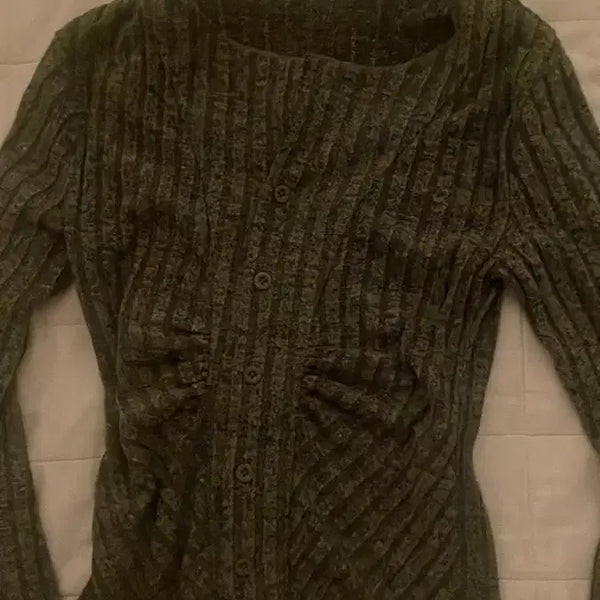 [BUNJANG] Shirring Ribbed Long Sleeve Knit Cardigan Charcoal / 셔링 골지 긴팔니트가디건 차콜