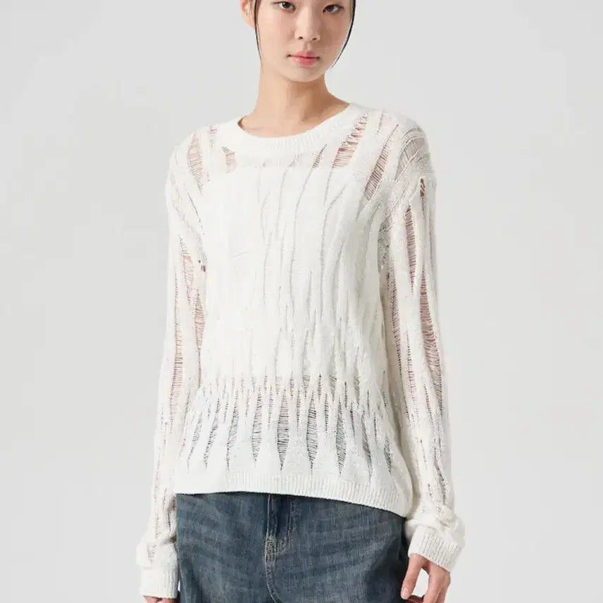 [BUNJANG] 8seconds Damage Knit White / (택O) 에잇세컨즈 데미지 니트 (화이트)