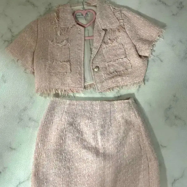 [BUNJANG] Tweed Jacket and Skirt Set - Pink / 트위드 재킷 스커트 세트 핑크