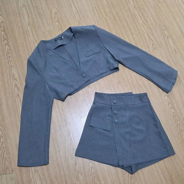 [BUNJANG] Women's Herringbone Cropped Jacket & Culottes Set / 여성 헤링본 크롭자켓 치마바지 셋업 투피스 set