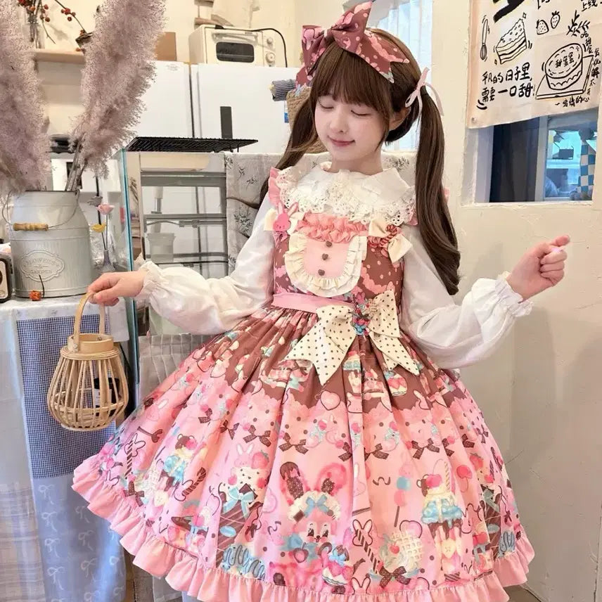 [BUNJANG] Jumper Skirt & Hair Ribbon Set / 중브 로리타 점스카 + 헤어리본