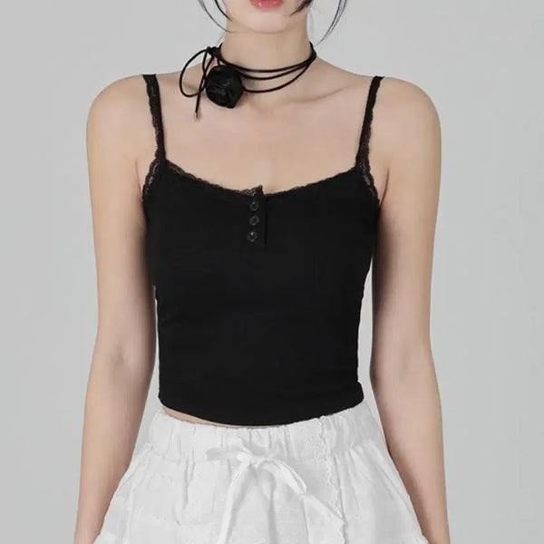 [BUNJANG] Avania Black Lace Camisole with Built-in Bra / 캡내장 검정 레이스 끈나시