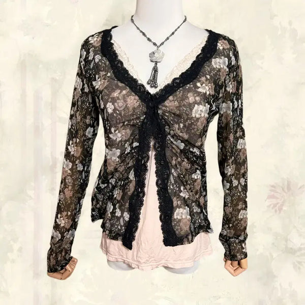 [BUNJANG] Oriental Fairy Black See-Through Layered Cardigan and Pink Slip Set / 일본 오리엔탈 페어리 블랙 시스루 레이어드 핀터깔 슬립 코디