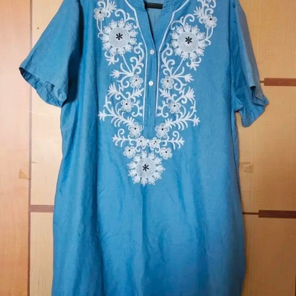 [BUNJANG] Denim Dress with Blue Embroidery / 청자수 데님 원피스