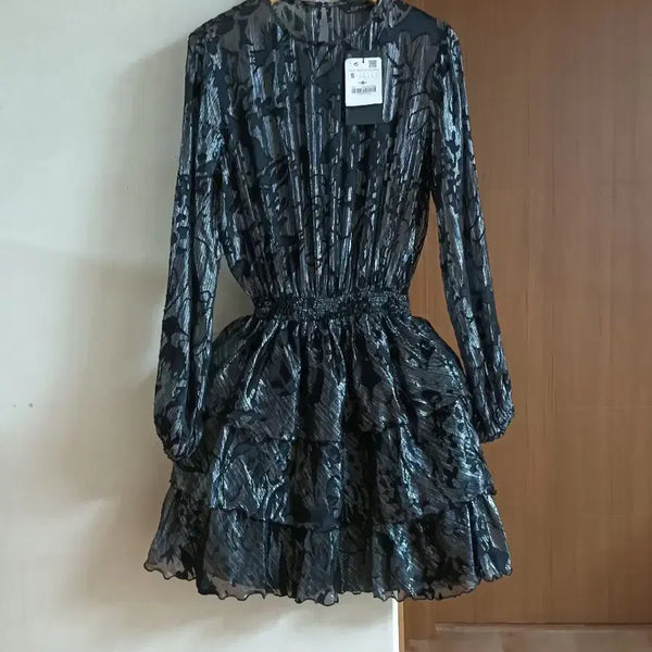 [BUNJANG] Zara Black Pattern Frill Mini Dress / 새옷)자라 블랙 패턴 프릴 원피스