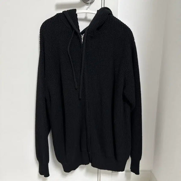 [BUNJANG] Black Ribbed Knit Zip-Up Hoodie / 블랙 골지 니트 후드집업