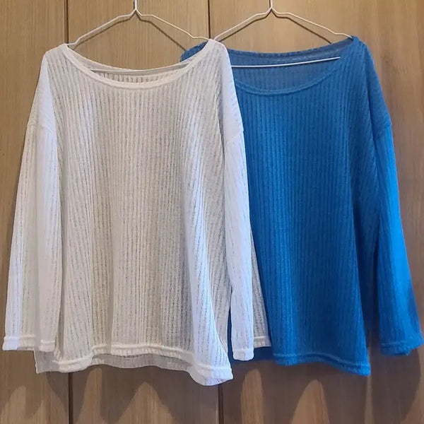 [BUNJANG] Saran-ta Knit T-shirt White & Blue (Choose 1 of 2 / Free Size ~ 88) / (새상품)예쁜 살안타 니트티셔츠 화이트&블루(2종중택1/free~88)