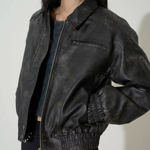 [BUNJANG] Illygo Washed Leather Bomber Jacket Black M / 일리고 워시드 레더 봄버 자켓 블랙 M