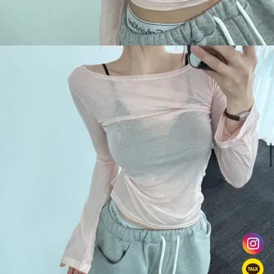 [BUNJANG] Dandelion See-through Long Sleeve T-shirt Pink / 단델리온 강민영 시스루 긴팔 티셔츠 핑크