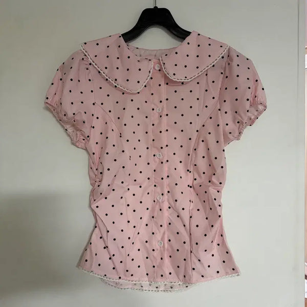 [BUNJANG] Women's Pink Polka Dot Puff Sleeve Blouse / 새상품 여자 핑크 도트 둥근 카라넥 퍼프소매 반팔 블라우스