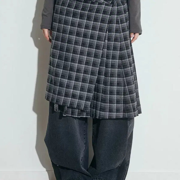[BUNJANG] OFS LAYERED CHECK Pleated Wrap Skirt Black / 오피쉬 LAYERED CHECK 체크 플리츠 랩 스커트 블랙