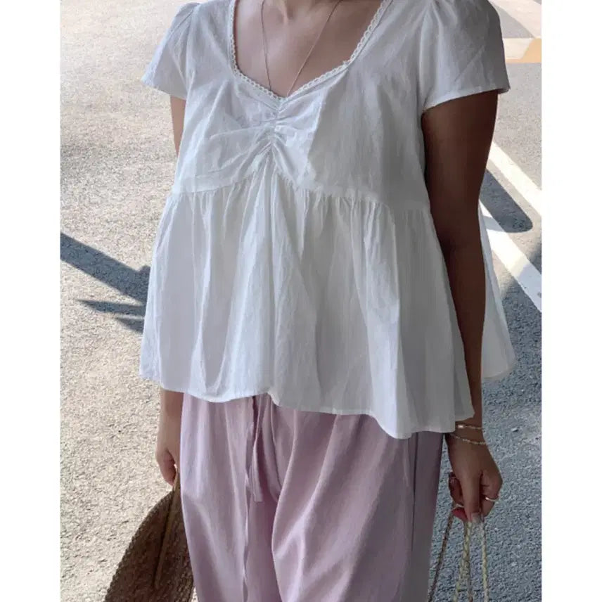 [BUNJANG] Taeyang Closet White Frill Shirring Blouse / 태향옷장/화이트 프릴 셔링 블라우스