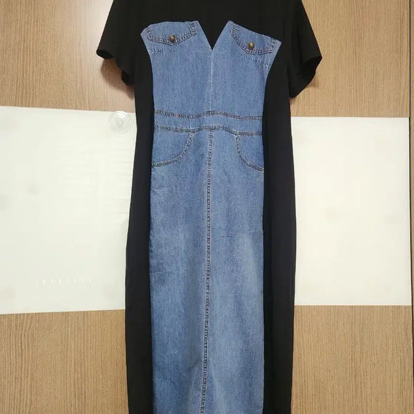 [BUNJANG] Denim Color-Block Dress / 데님 배색 원피스 (새상품)