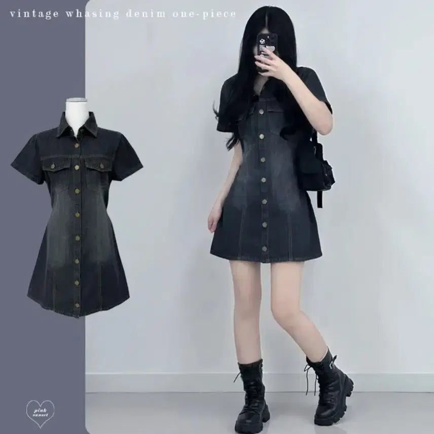 [BUNJANG] Denim Long Dress Charcoal / 데님 원피스 차콜 롱
