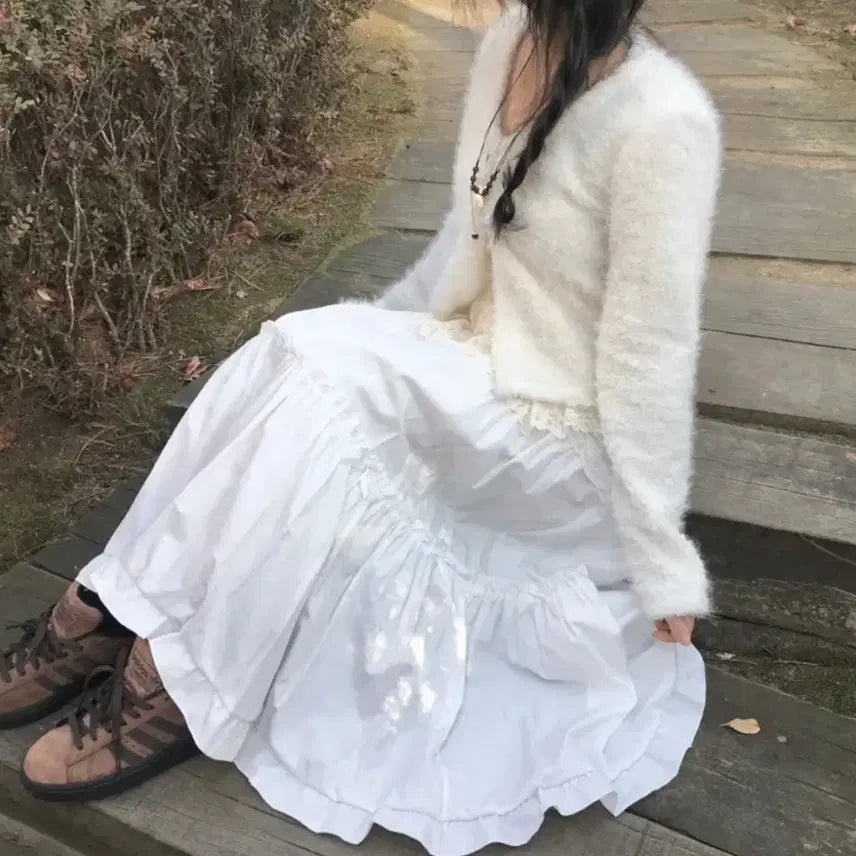 [BUNJANG] Lace Frill Long Skirt Ivory / 레이스 프릴 롱 스커트 아이보리