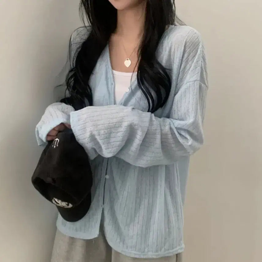[BUNJANG] Sheer Knit Cardigan - Sky Blue / 시스루 니트가디건 소라