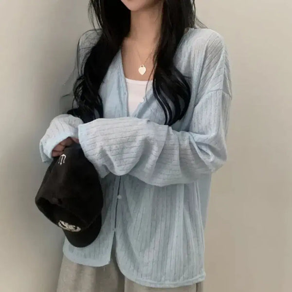 [BUNJANG] Sheer Knit Cardigan - Sky Blue / 시스루 니트가디건 소라