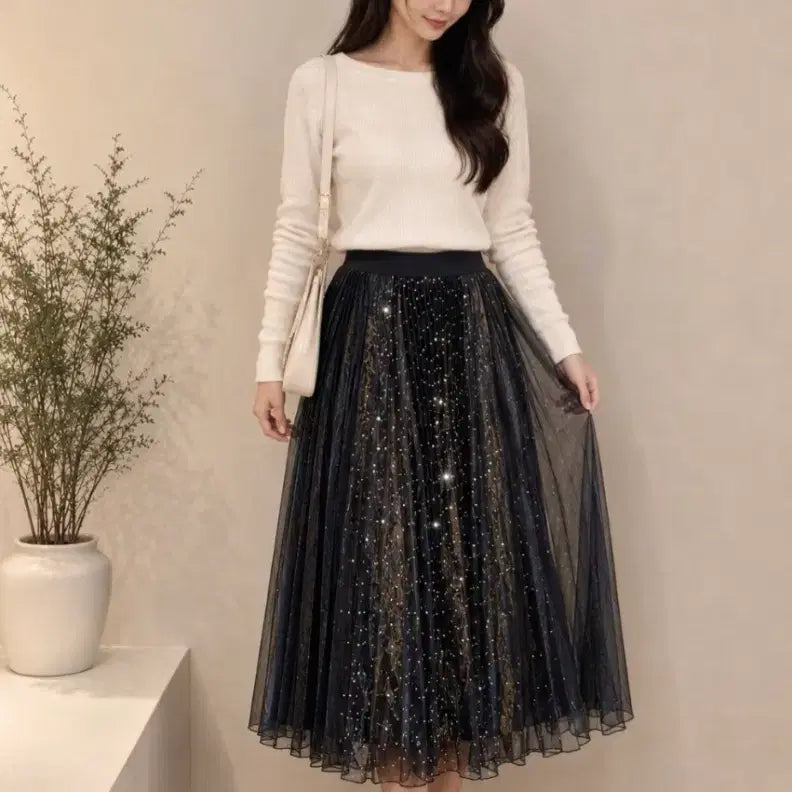 [BUNJANG] Chiffon Pleated Long Skirt with Cubic Embellishments / (새상품)고퀄 큐빅 쉬폰 주름 롱밴딩 스커트 25~30