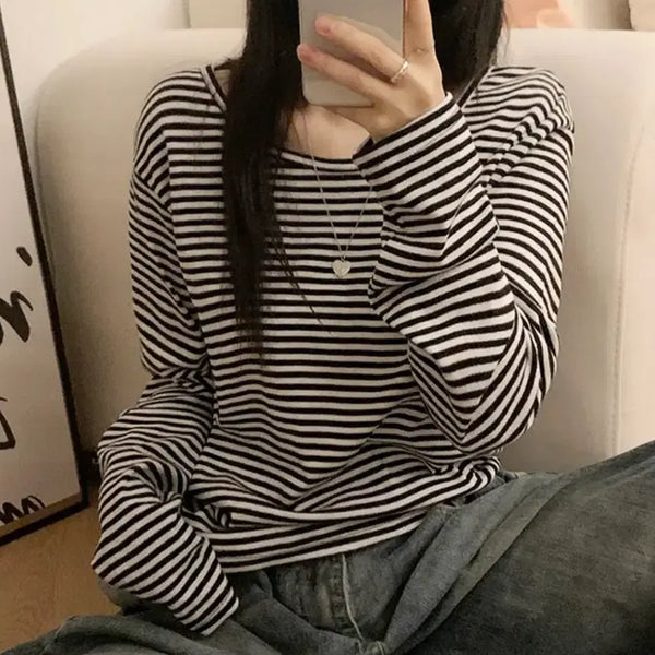 [BUNJANG] Striped Long Sleeve T-Shirt (Dark Brown) / 스트라이프 긴팔 티셔츠 밤색