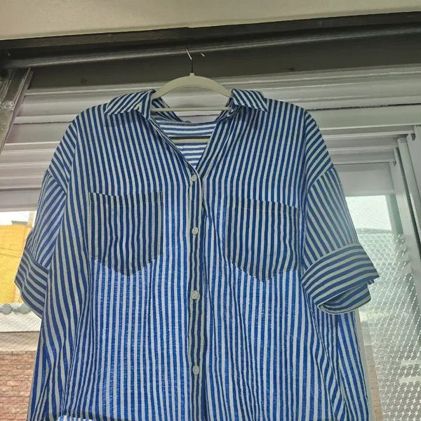 [BUNJANG] Blue Stripe Short Sleeve Shirt / (새제품)셔츠   프리싸이즈