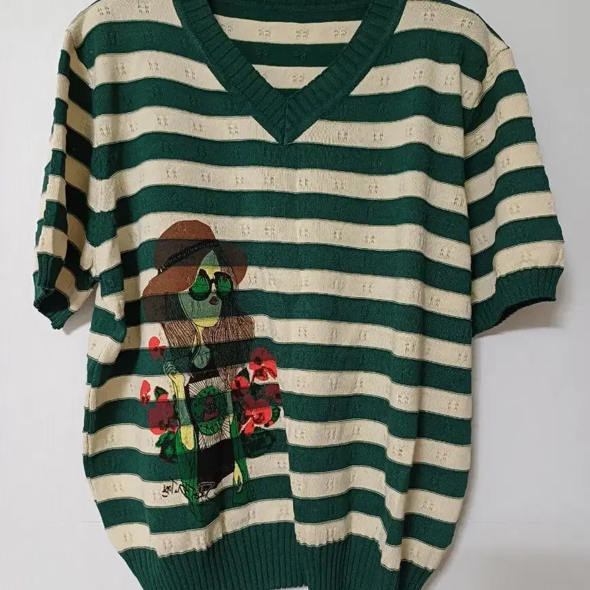 [BUNJANG] Striped Knit V-Neck Short Sleeve T-Shirt / 니트반팔티