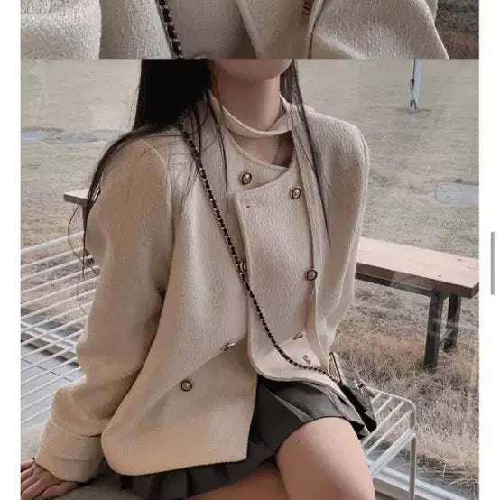 [BUNJANG] Cream Cheese Market Ivory Tweed Choker Duffle Jacket / 크림치즈마켓 아이보리 트위드 초커 자켓 더플 자켓