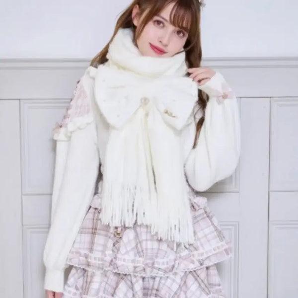 [BUNJANG] Lizlisa Shaggy Ribbon Stole Scarf White Jirai Kei / 리즈리사 샤기 리본 스톨 머플러 화이트 양산형 지뢰계 양지뢰