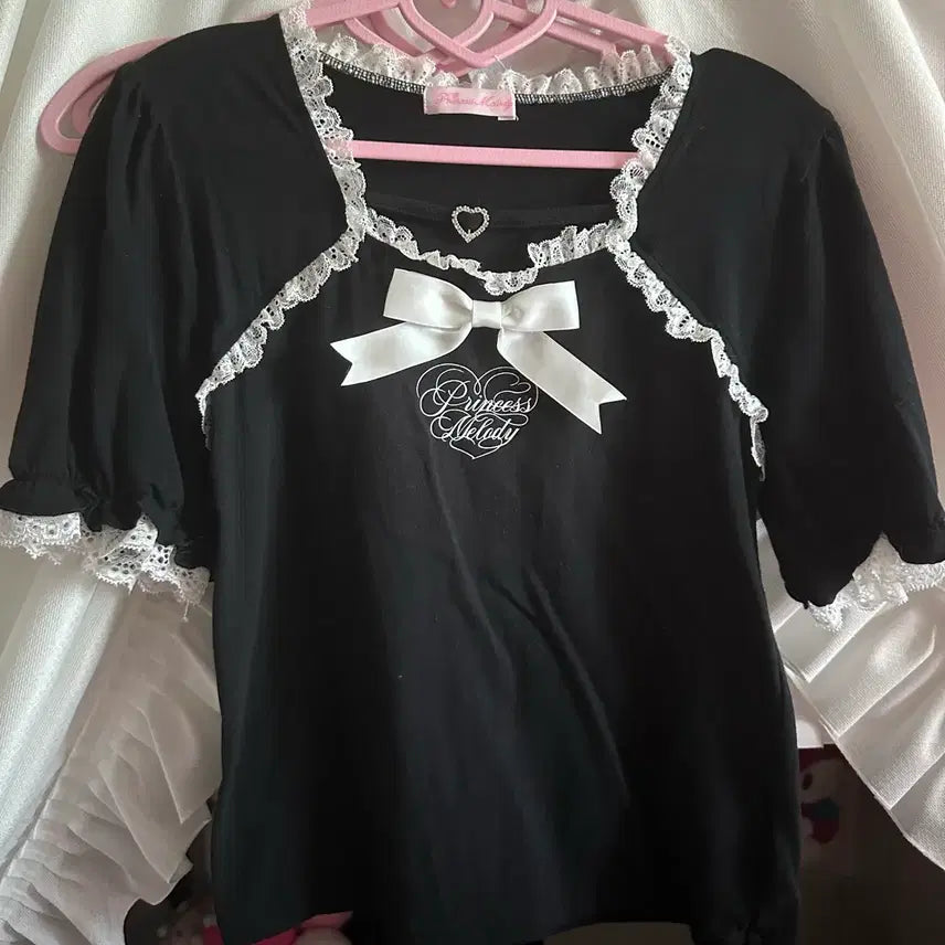 [BUNJANG] Maz Princess Melody Heart Buckle Ribbon Tops Black / 마즈 프린세스 멜로디 하트 버클 리본 테이프 탑스 블랙