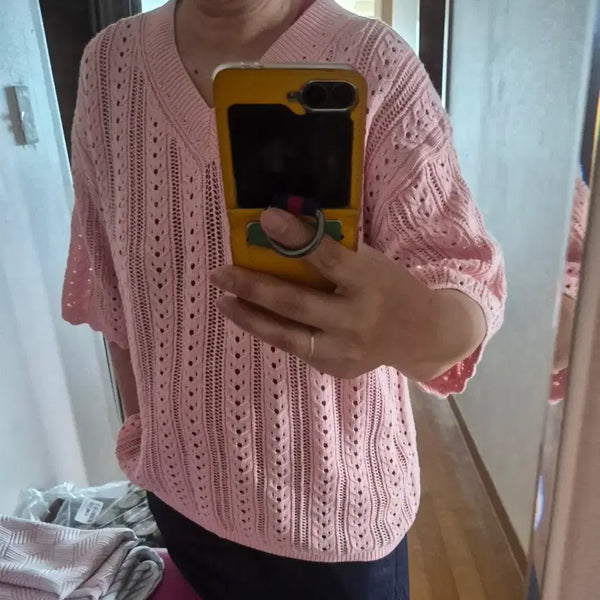 [BUNJANG] Pink V-Neck Knit Sweater / 핑크색 브이넥 니트 스웨터