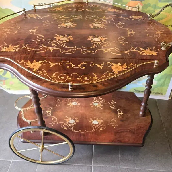 [BUNJANG] Antique Mahogany Tea Cart with Floral Inlay / 앤틱 티카트 마호가니 꽃무늬