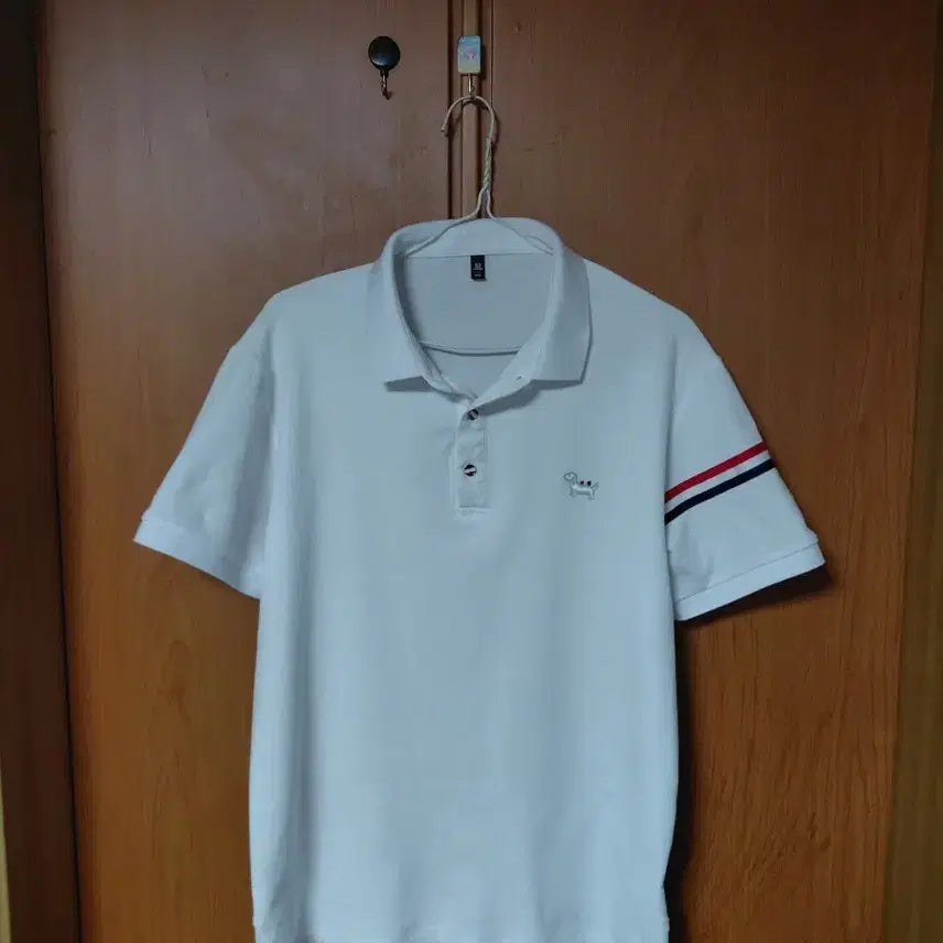 [BUNJANG] White Short-Sleeve Collar T-Shirt with Stripe Color Blocking / 흰색 반팔 카라티 삼선 배색