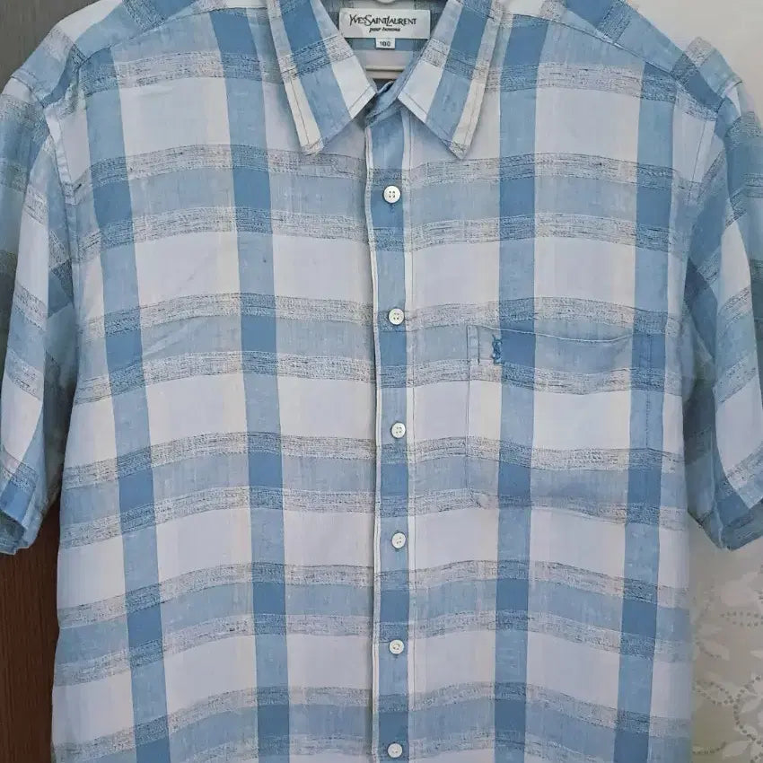 [BUNJANG] Saint Laurent Blue Check Short Sleeve Shirt / 입생로랑 체크 반팔 셔츠 하늘