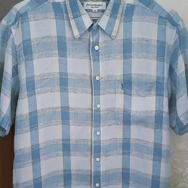 [BUNJANG] Saint Laurent Blue Check Short Sleeve Shirt / 입생로랑 체크 반팔 셔츠 하늘